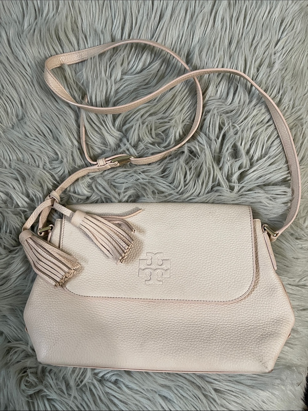 Tory Burch Pale Pink Pebbled Leather Crossbody with Tassels